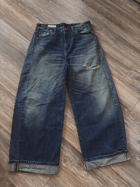 Zara Women’s Dark Blue Distressed Wide-Leg Cuffed Jeans